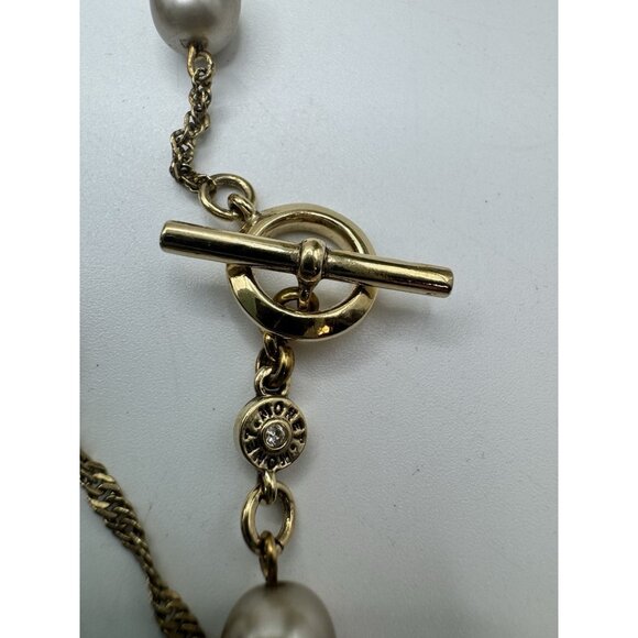 Vintage Yellow Gold Filled Bezel Set Clear Crystals Faux Pearl Necklace Monet - Picture 6 of 9